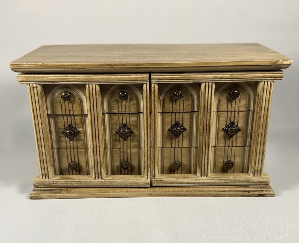 ⁠Vtg Kellerman Japan Wood Jewelry Box Cabinet Armoire Chest Arched Doors Drawers
